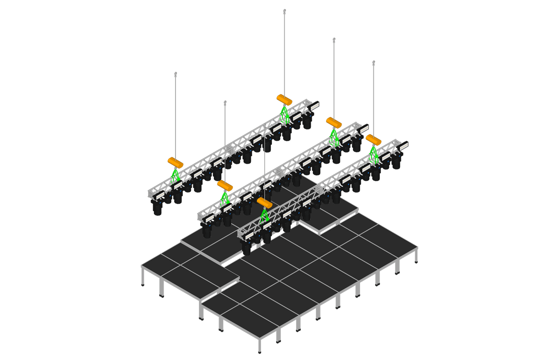 3D render of stage with trusses and lighting fixtures created in StageHex